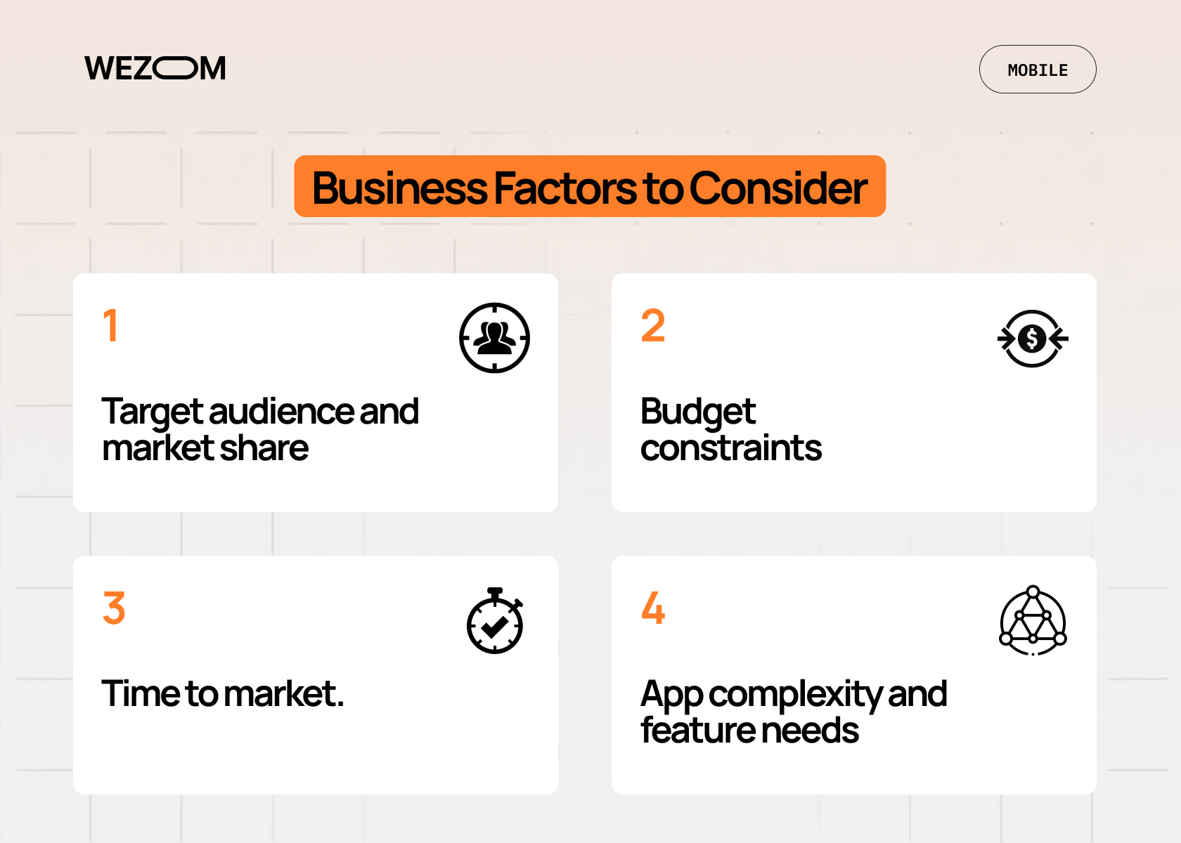 Business factors for mobile app platform selection including target audience, budget, time to market, and feature complexity